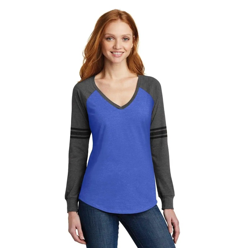 District DM477 Women’s Game Long Sleeve V-Neck Tee – Heathered True Royal Heathered Charcoal Black
