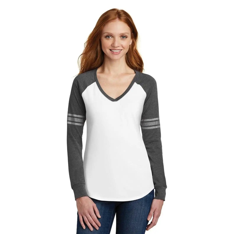 District DM477 Women’s Game Long Sleeve V-Neck Tee – White Heathered Charcoal Silver