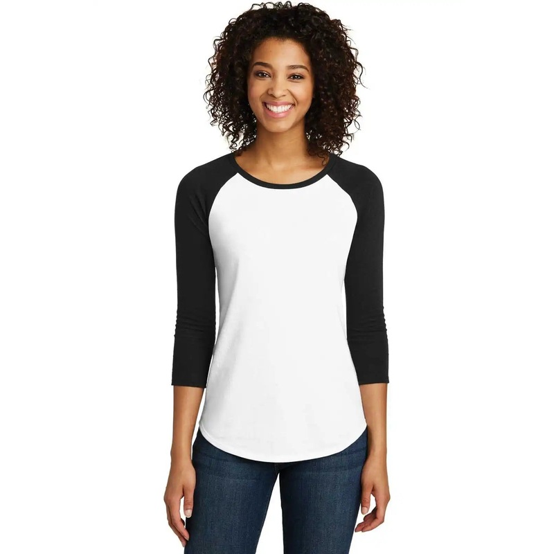 District DT6211 Women’s Fitted Very Important Tee 3/4-Sleeve Raglan – Black White