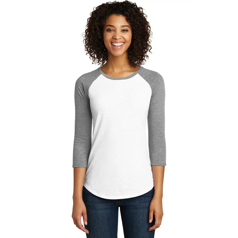 District DT6211 Women’s Fitted Very Important Tee 3/4-Sleeve Raglan – Light Heather Gray White