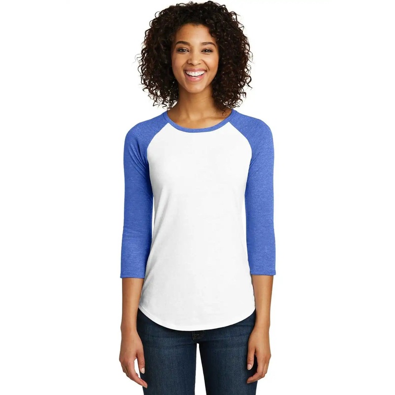 District DT6211 Women’s Fitted Very Important Tee 3/4-Sleeve Raglan – Royal Frost White