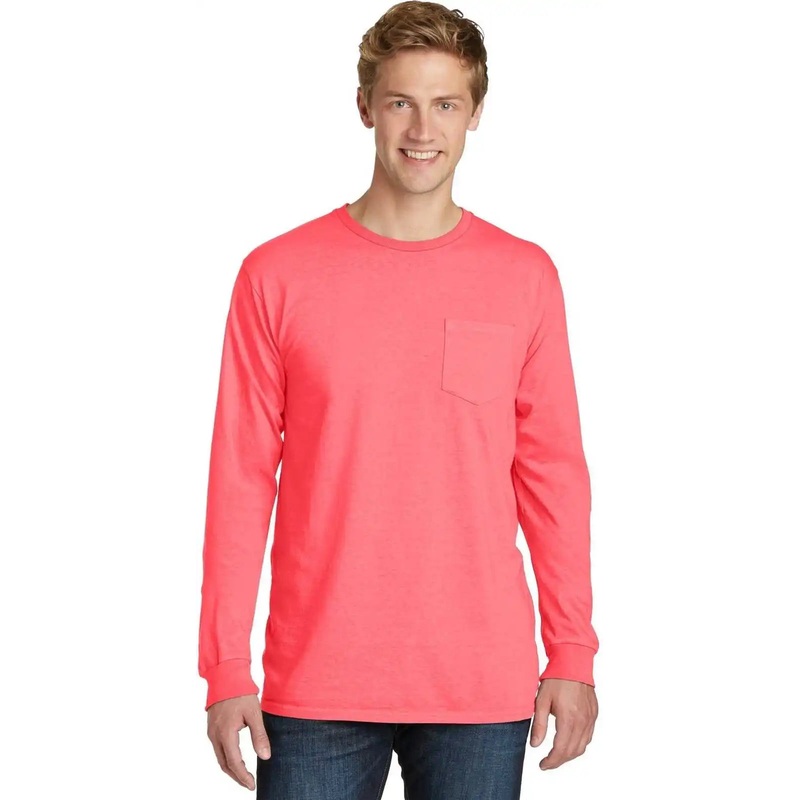 Port & Company PC099LSP Beach Wash Garment-Dyed Long Sleeve Pocket Tee – Neon Coral