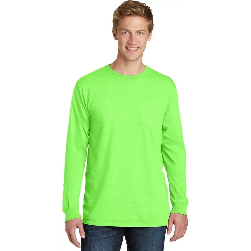 Port & Company PC099LSP Beach Wash Garment-Dyed Long Sleeve Pocket Tee – Neon Green