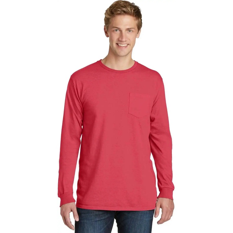 Port & Company PC099LSP Beach Wash Garment-Dyed Long Sleeve Pocket Tee – Poppy