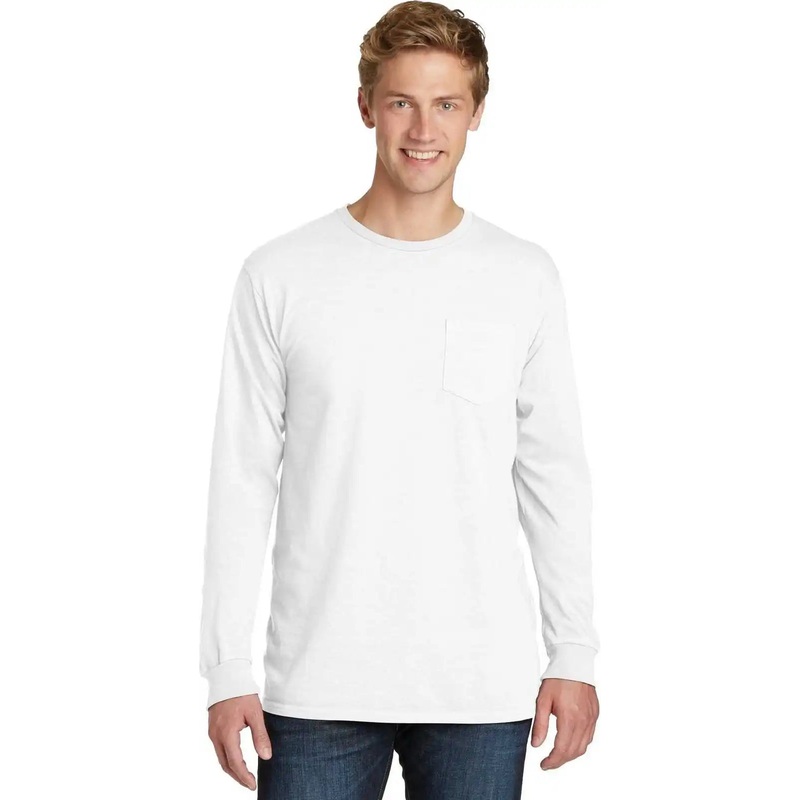 Port & Company PC099LSP Beach Wash Garment-Dyed Long Sleeve Pocket Tee – White