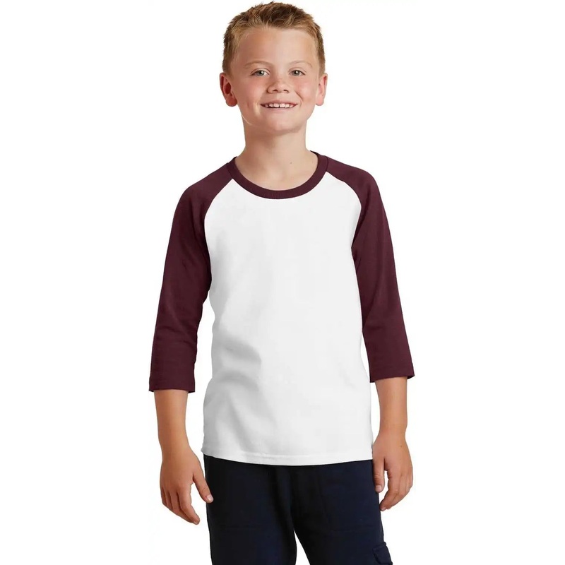 Port & Company PC55YRS Youth Core Blend 3/4-Sleeve Raglan Tee – White Athletic Maroon
