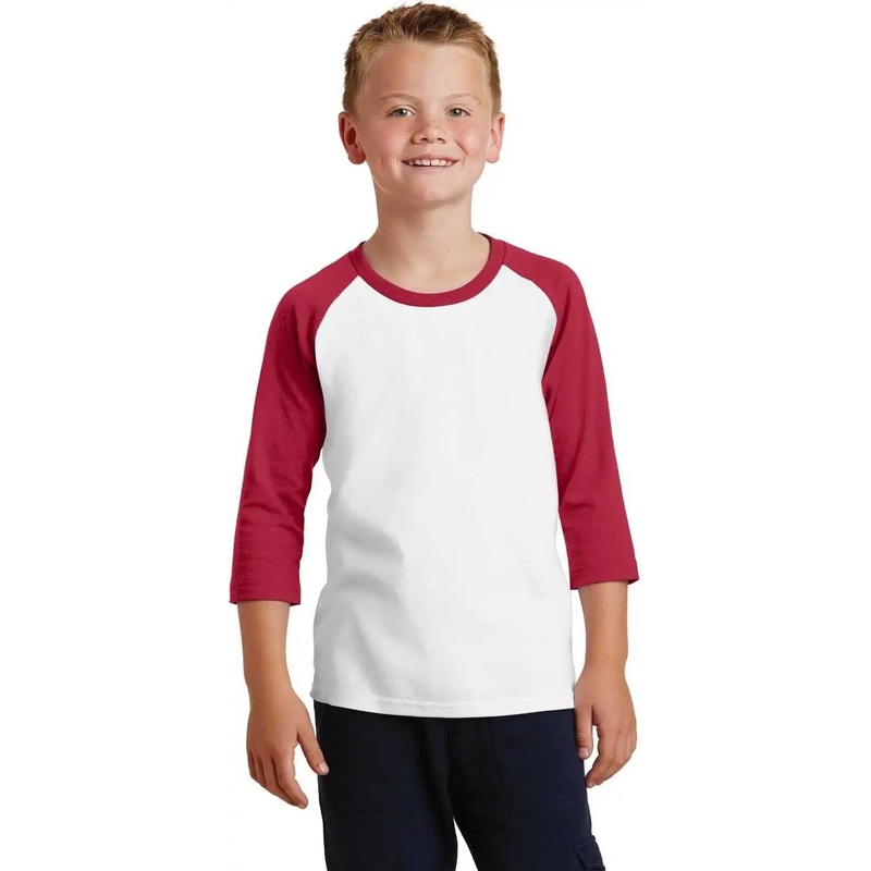 Port & Company PC55YRS Youth Core Blend 3/4-Sleeve Raglan Tee – White Red