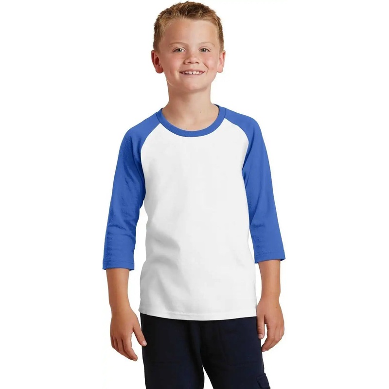Port & Company PC55YRS Youth Core Blend 3/4-Sleeve Raglan Tee – White Royal