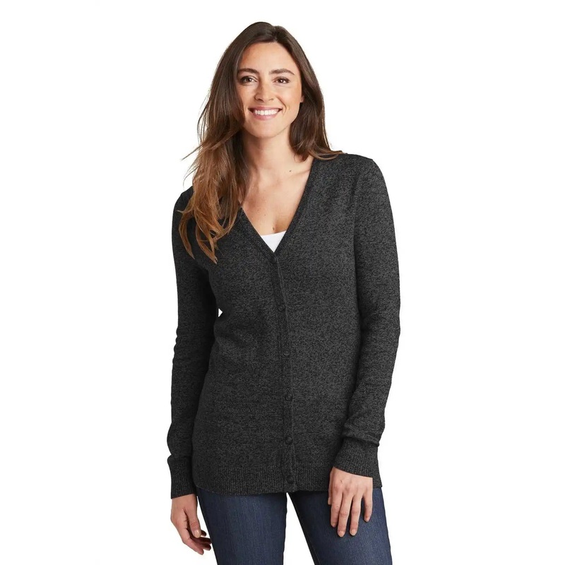 Port Authority LSW415 Ladies Marled Cardigan Sweater – Black Marl