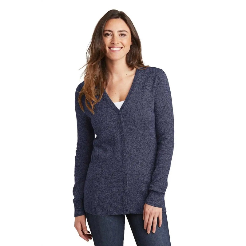 Port Authority LSW415 Ladies Marled Cardigan Sweater – Navy Marl