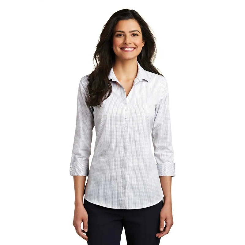 Port Authority LW643 Ladies 3/4-Sleeve Micro Tattersall Easy Care Shirt – White Dark Gray
