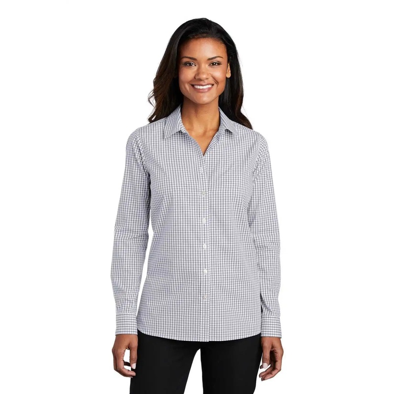 Port Authority LW644 Ladies Broadcloth Gingham Easy Care Shirt – Gusty Gray White