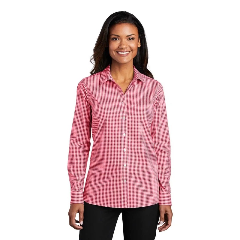 Port Authority LW644 Ladies Broadcloth Gingham Easy Care Shirt – Rich Red White