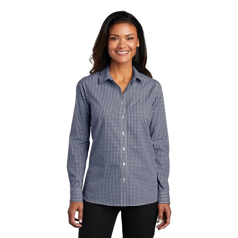 Port Authority LW644 Ladies Broadcloth Gingham Easy Care Shirt – True Navy White