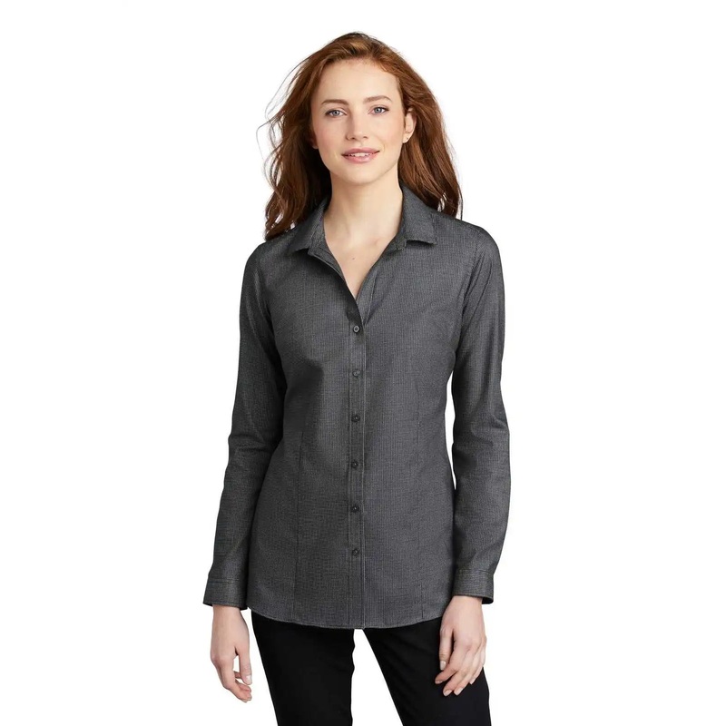 Port Authority LW645 Ladies Pincheck Easy Care Shirt – Black Gray Steel