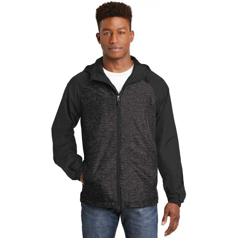Sport-Tek JST40 Heather Colorblock Raglan Hooded Wind Jacket – Black Heather Black