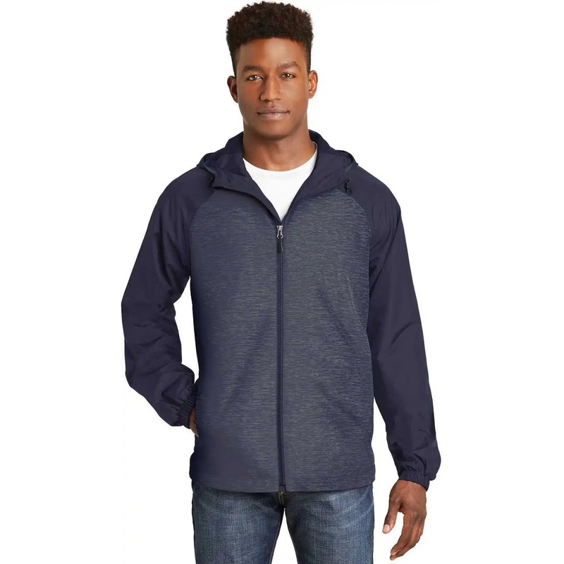 Sport-Tek JST40 Heather Colorblock Raglan Hooded Wind Jacket – True Navy Heather True Navy