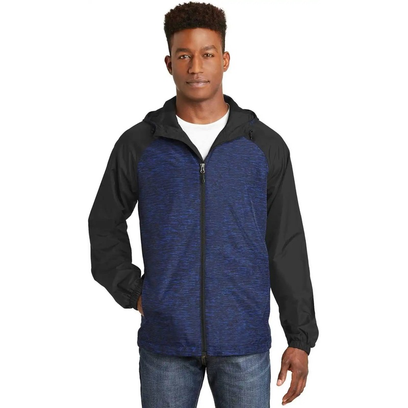 Sport-Tek JST40 Heather Colorblock Raglan Hooded Wind Jacket – True Royal Heather Black