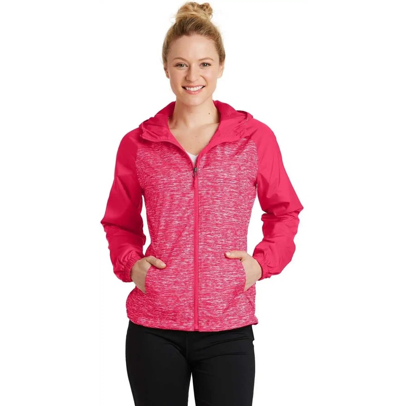 Sport-Tek LST40 Ladies Heather Colorblock Raglan Hooded Wind Jacket – Pink Raspberry Heather Pink Raspberry