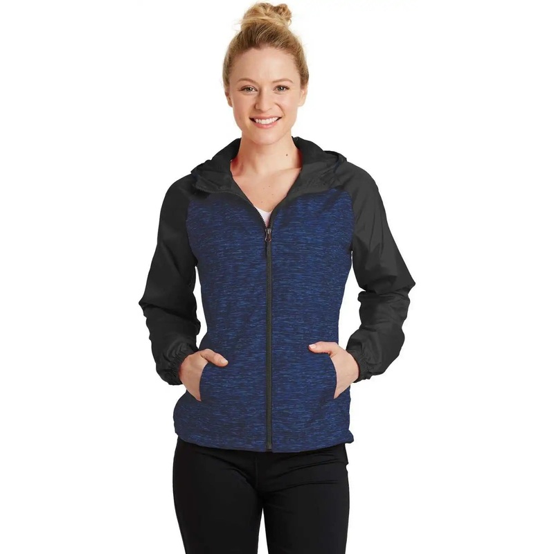 Sport-Tek LST40 Ladies Heather Colorblock Raglan Hooded Wind Jacket – True Royal Heather Black