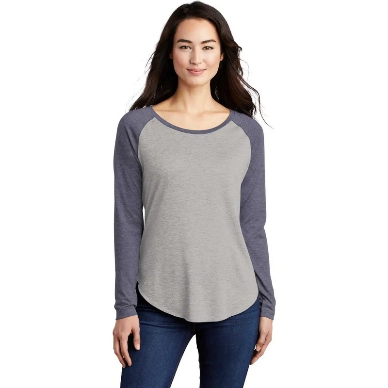 Sport-Tek LST400LS Ladies PosiCharge Long Sleeve Tri-Blend Wicking Scoop Neck Raglan Tee LST400LSTrue Navy Heather Light Gray Heather