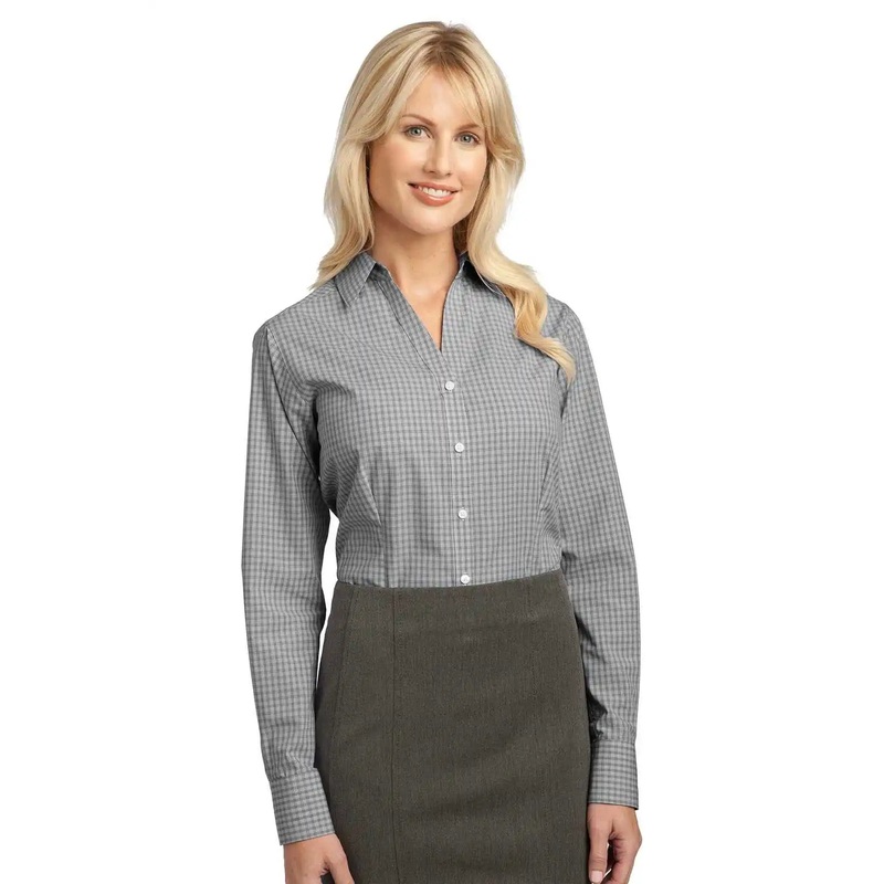 Port Authority L639 Ladies Plaid Pattern Easy Care Shirt – Charcoal