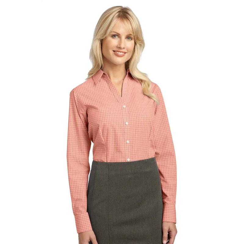 Port Authority L639 Ladies Plaid Pattern Easy Care Shirt – Orange