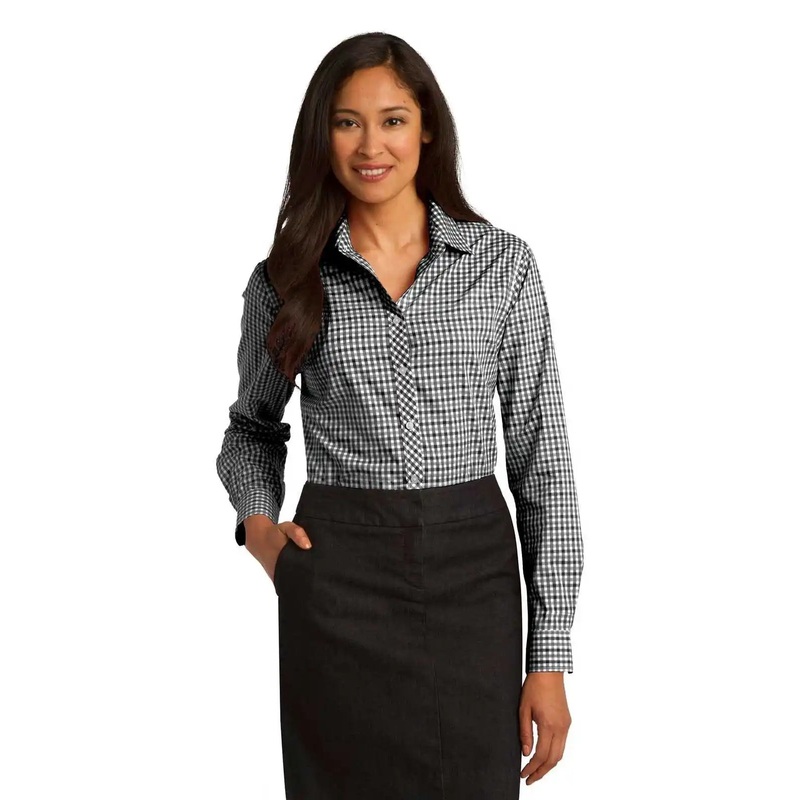 Port Authority L654 Ladies Long Sleeve Gingham Easy Care Shirt – Black Charcoal