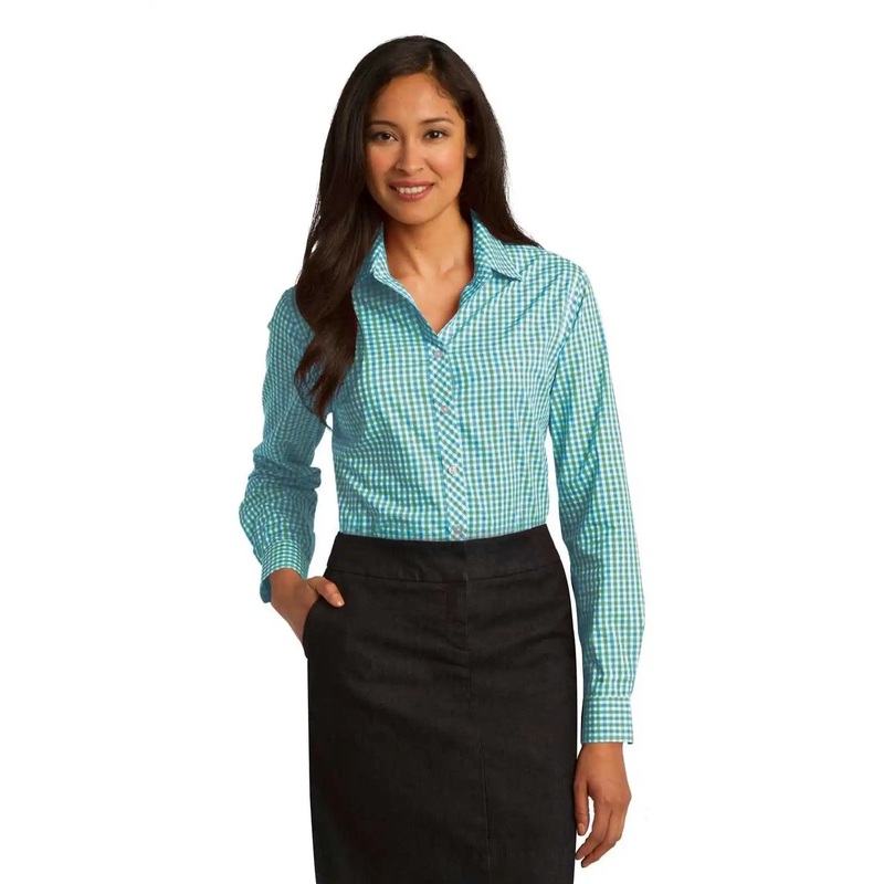 Port Authority L654 Ladies Long Sleeve Gingham Easy Care Shirt – Green Aqua