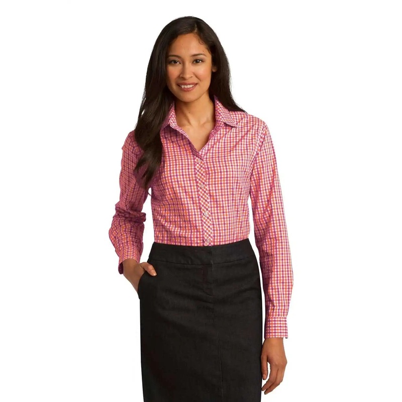 Port Authority L654 Ladies Long Sleeve Gingham Easy Care Shirt – Tangerine Pink
