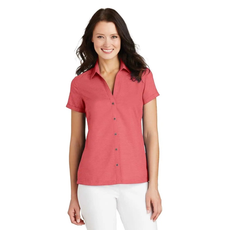 Port Authority L662 Ladies Textured Camp Shirt – Deep Coral