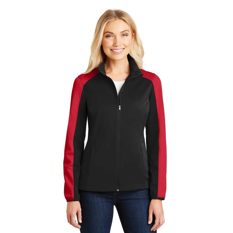 Port Authority L718 Ladies Active Colorblock Soft Shell Jacket – Deep Black Rich Red