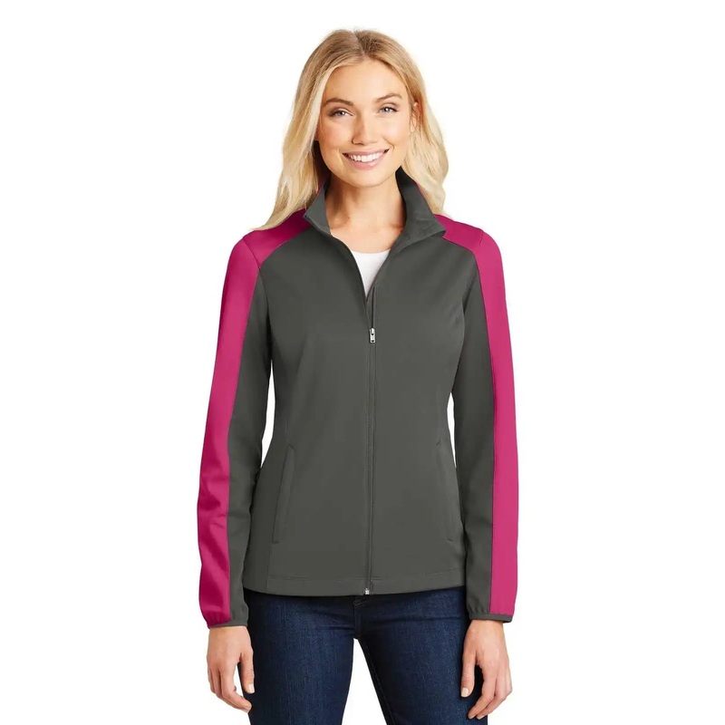 Port Authority L718 Ladies Active Colorblock Soft Shell Jacket – Gray Steel Pink Azalea