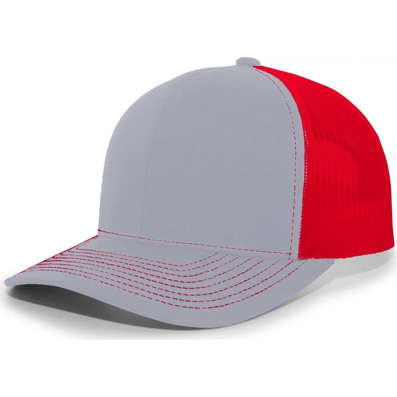 Pacific Headwear 104S Contrast Stitch Snapback Trucker Cap – HeatherGrey Red Heather Grey