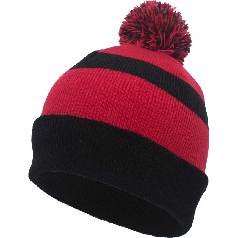 Pacific Headwear 641K Pom-Pom Cuff Beanie – Black Red Black