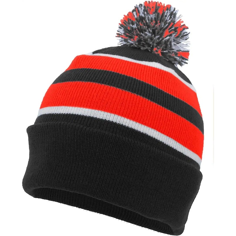 Pacific Headwear 641K Pom-Pom Cuff Beanie – Black Red White