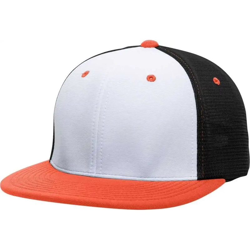 Pacific Headwear ES341 Premium M2 Performance Trucker Flexfit Cap – White Black Orange