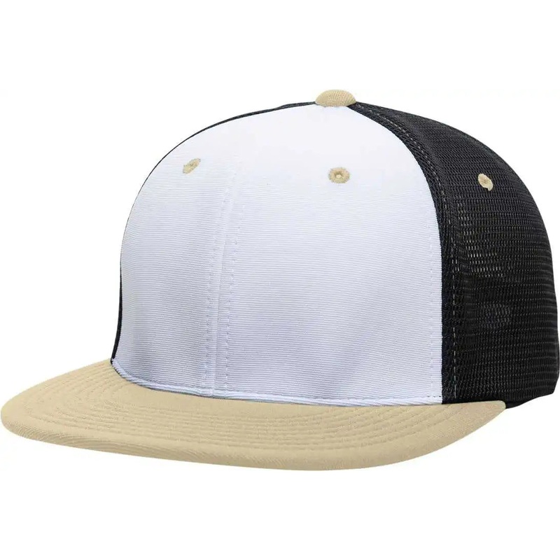 Pacific Headwear ES341 Premium M2 Performance Trucker Flexfit Cap – White Black Vegas Gold