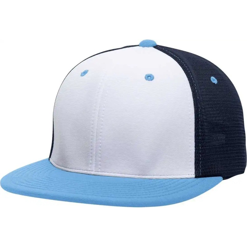 Pacific Headwear ES341 Premium M2 Performance Trucker Flexfit Cap – White Navy Columbia Blue