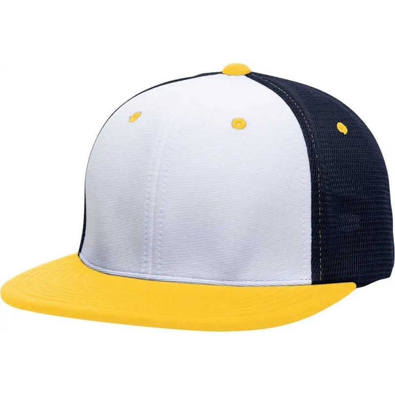 Pacific Headwear ES341 Premium M2 Performance Trucker Flexfit Cap – White Navy Gold