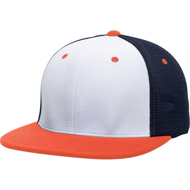 Pacific Headwear ES341 Premium M2 Performance Trucker Flexfit Cap – White Navy Orange