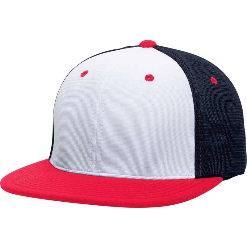 Pacific Headwear ES341 Premium M2 Performance Trucker Flexfit Cap – White Navy Red