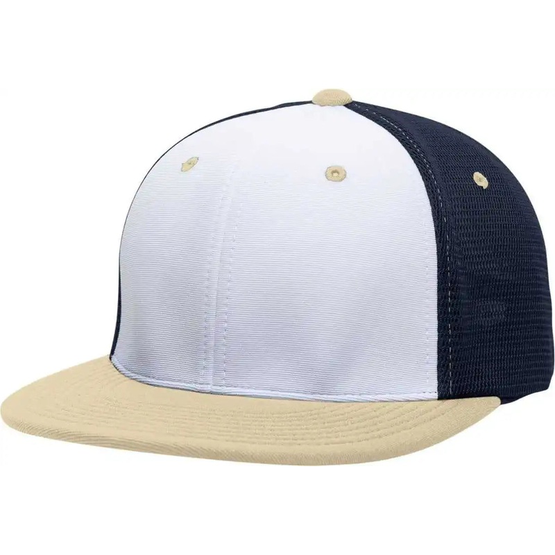 Pacific Headwear ES341 Premium M2 Performance Trucker Flexfit Cap – White Navy Vegas Gold
