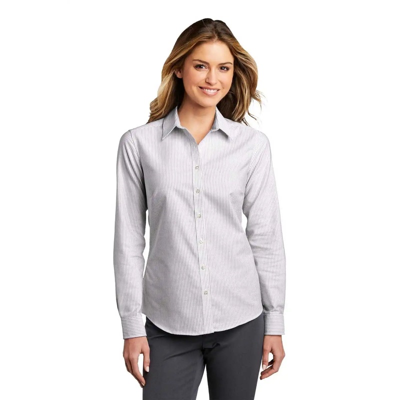 Port Authority LW657 Ladies SuperPro Oxford Stripe Shirt – Gusty Gray/ White