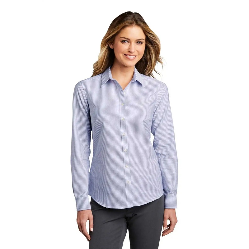 Port Authority LW657 Ladies SuperPro Oxford Stripe Shirt – Oxford Blue/ White