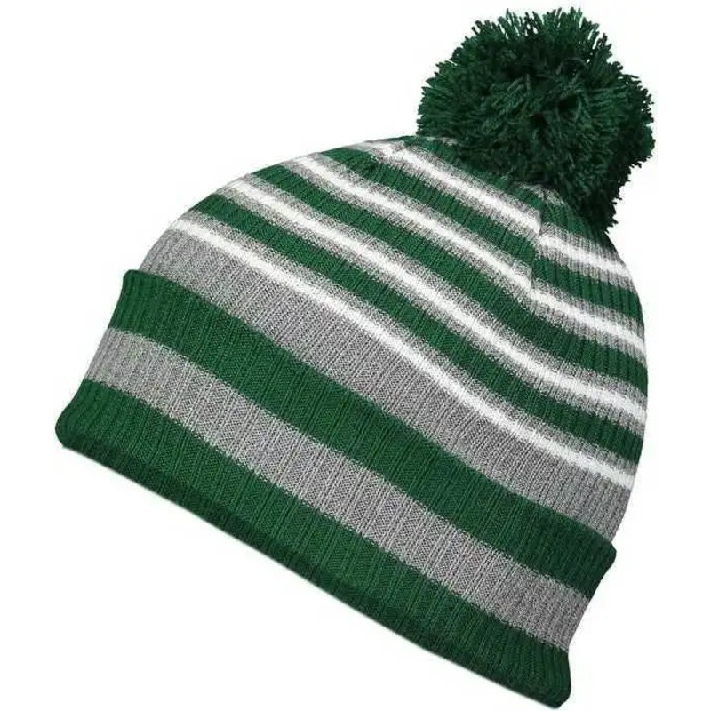 Holloway 223815 8 1/2 Spirit Pom Beanie – Dark Green Heather Gray White