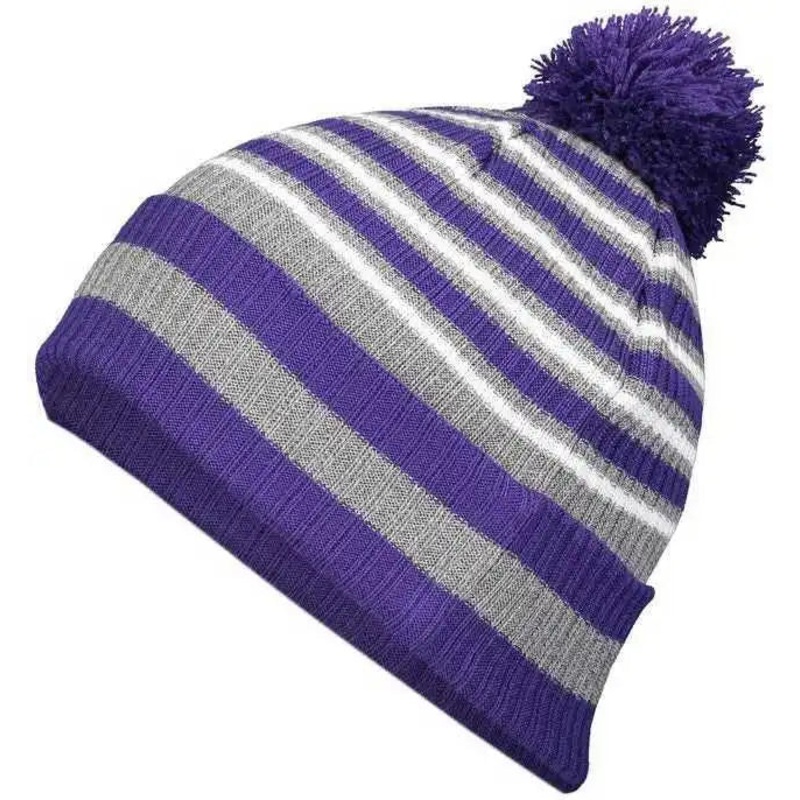 Holloway 223815 8 1/2 Spirit Pom Beanie – Purple Heather Gray White