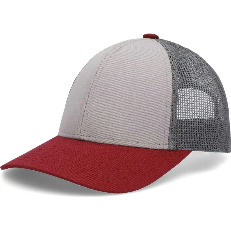Pacific Headwear P114 Low-Pro Trucker Cap – Heather Grey Light Charcoal Varsity Red
