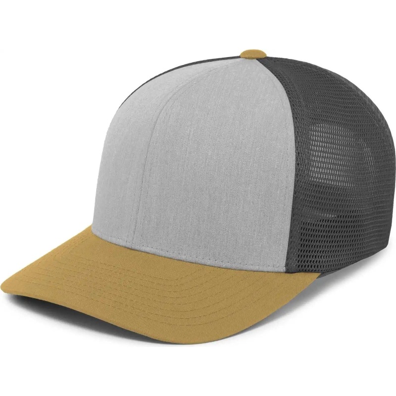 Pacific Headwear P151 Trucker Pacflex Snapback Cap – Heather Grey Lt Charcoal Amber Gold
