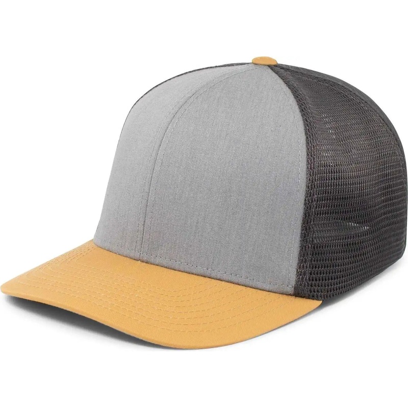 Pacific Headwear P401 Fusion Trucker Cap – Heather Grey Lt Charcoal Amber Gold
